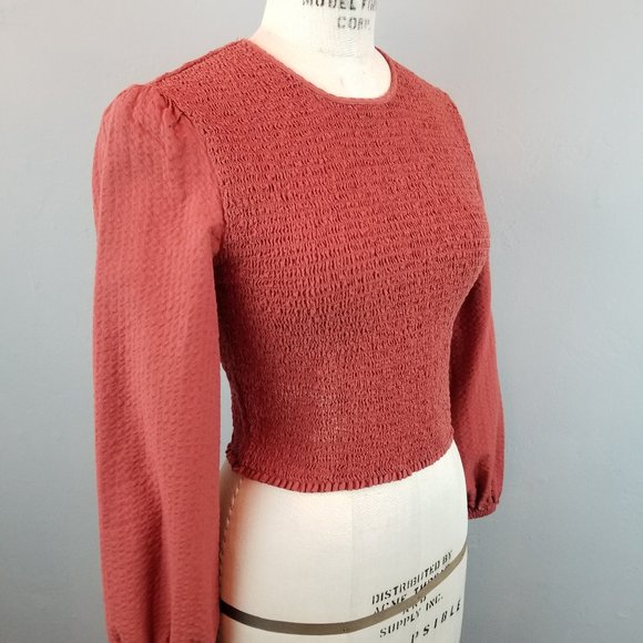 Urban Outfitters Deep Rust Orange Smocked Puff Sleeve Blouse Women's Size Small - Picture 2 of 7